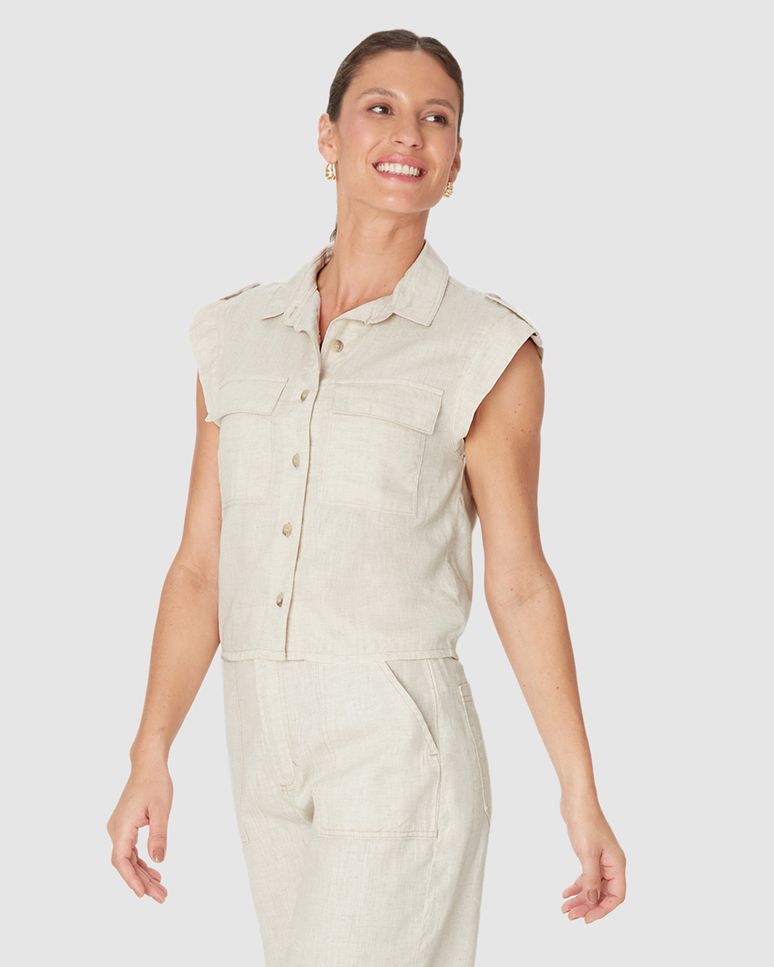 Camisa Cropped Feminina Bolso Frontal Em Sarja Linho