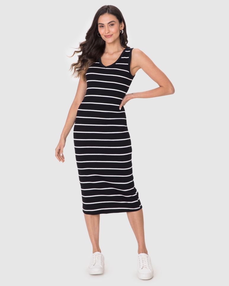 Vestido Midi Feminino Decote V Listrado Em Ribana