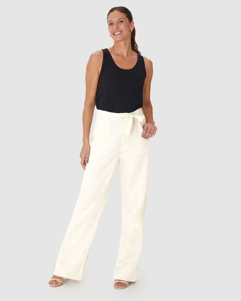 Calça Alfaiataria Feminina Com Cinto Em Sarja Linho