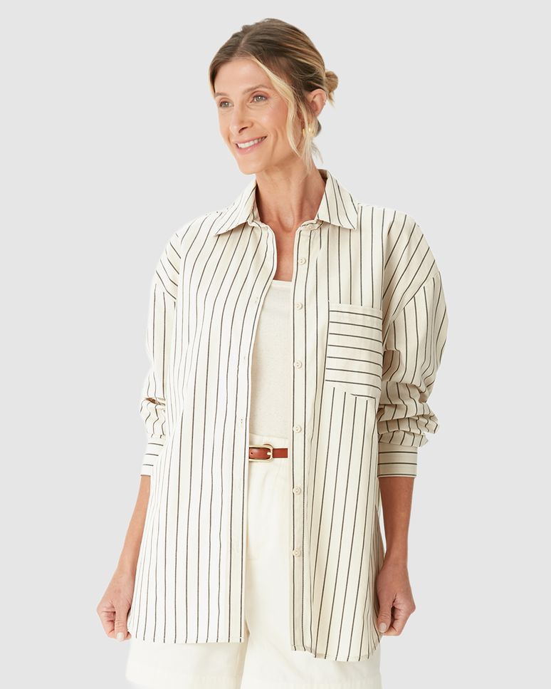 Camisa Ampla Feminina Listrada Bolso Frontal Em Algodão