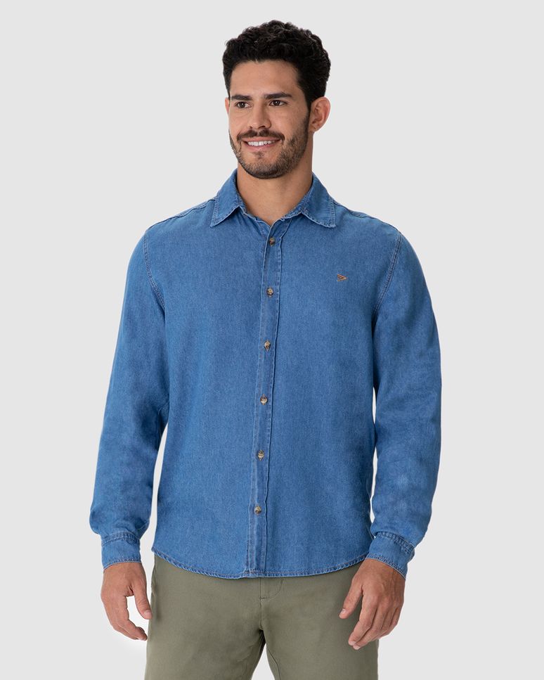 Camisa Masculina Tradicional Manga Longa Em Jeans Leve Soft