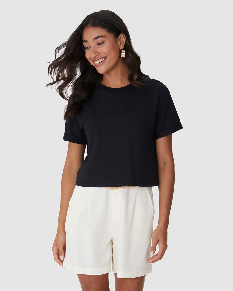 Blusa Básica Feminina Manga Curta Em Algodão