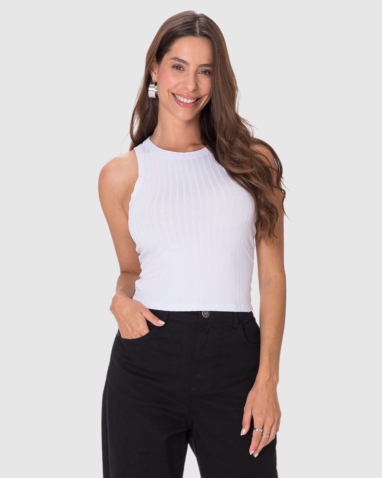 Regata Básica Feminina Long Cropped Em Malha Canelada De Viscose