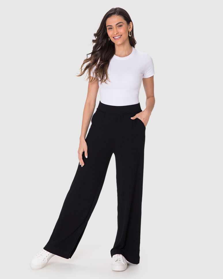 Calça Wide Leg Feminina Cintura Alta Em Malha Canelada De Viscose