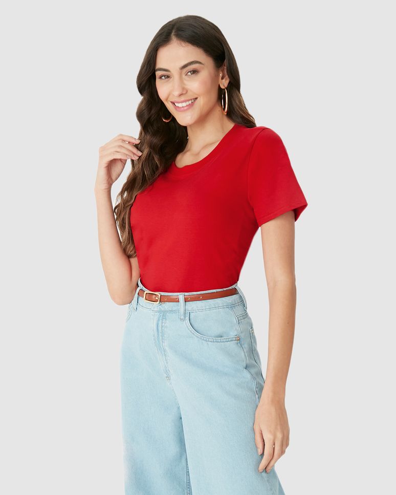 Blusa Básica Feminina Decote Redondo Com Pesponto Em Algodão