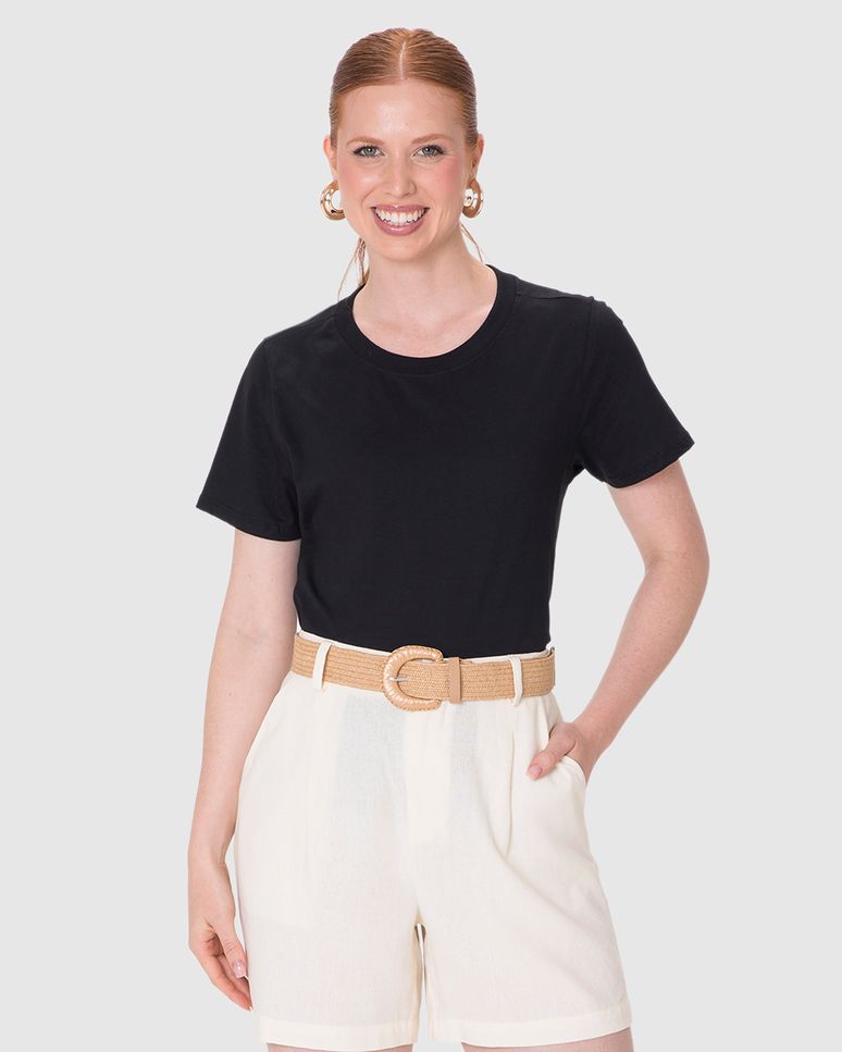 Blusa Básica Feminina Decote Redondo Com Pesponto Em Algodão