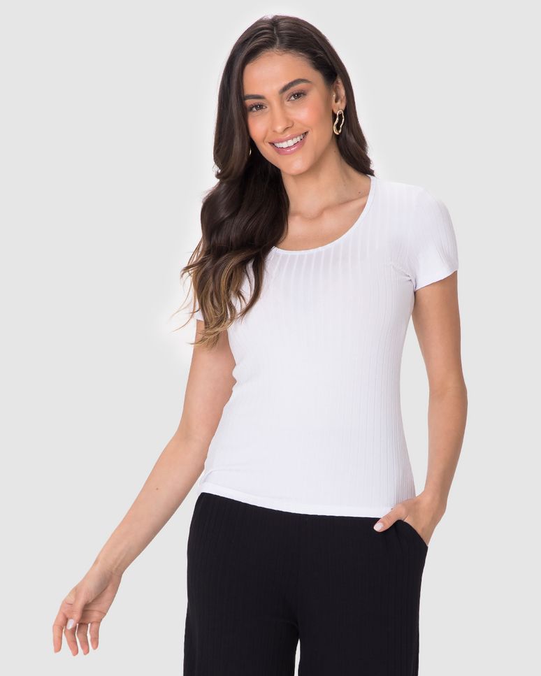 Blusa Básica Feminina Manga Curta Em Canelado De Viscose