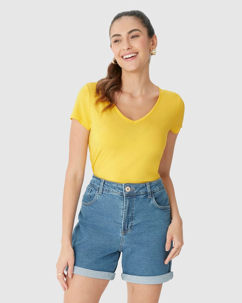 Blusa Básica Feminina Mullet Decote V Em Viscose Stretch