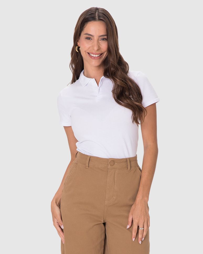 Blusa Polo Básica Feminina Com Peitilho Em Piquet Stretch