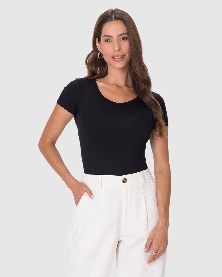 Blusa Básica Feminina Decote V Em Viscose Stretch