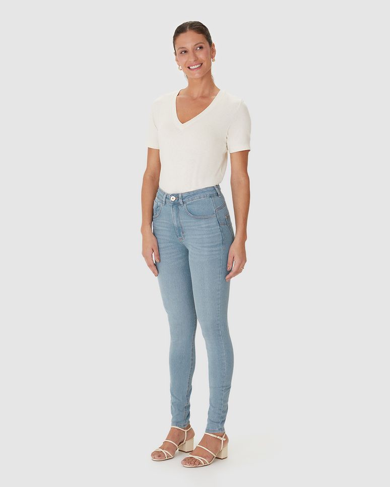 Calça Skinny Feminina Push Up Cintura Alta Em Jeans Com Elastano