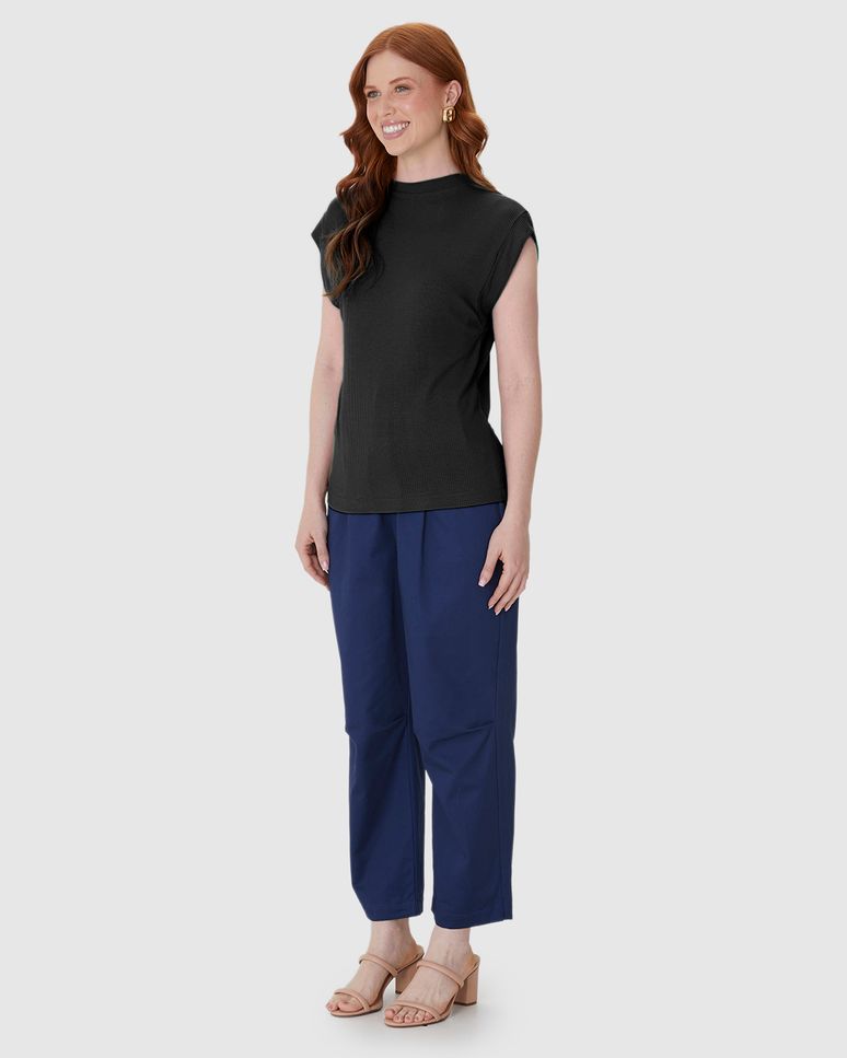 Blusa Ampla Feminina Decote Redondo Manga Curta Em Malha Viscose Canelada