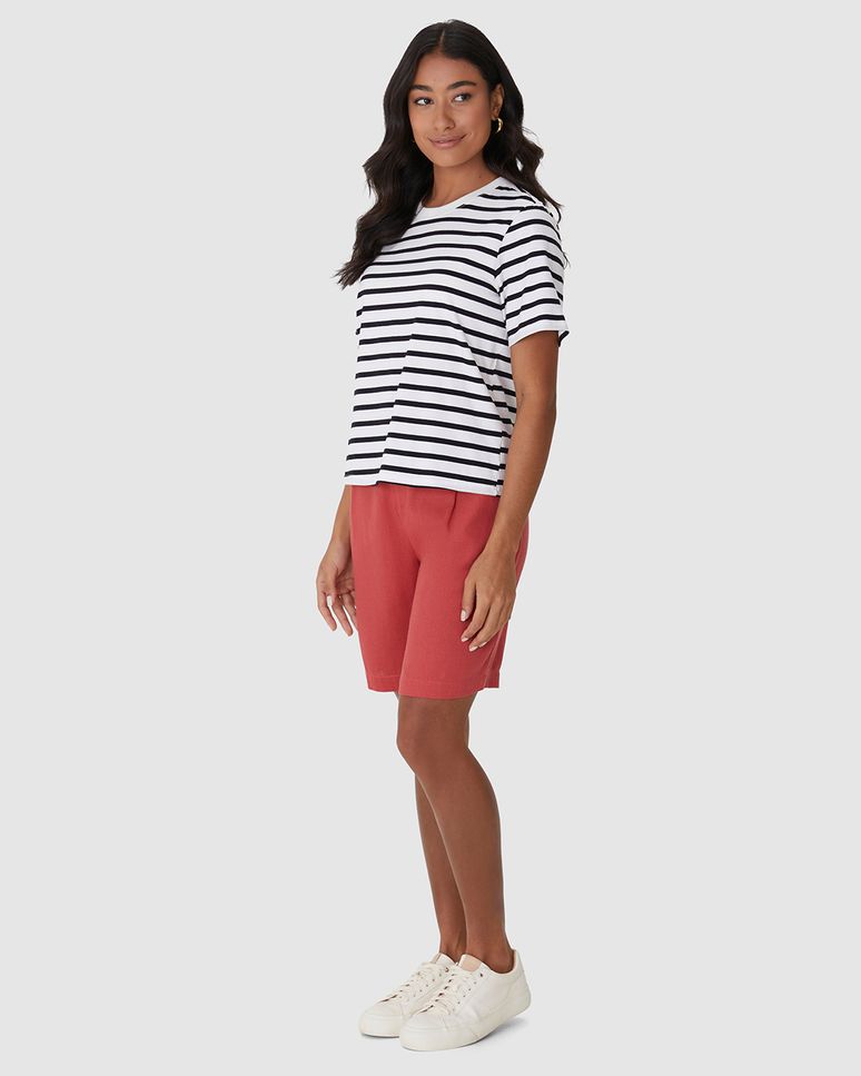 Camiseta Feminina Reta Manga Curta Em Malha Listrada