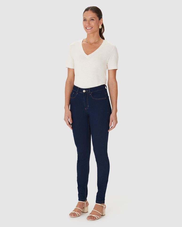 Calça Skinny Feminina Cintura Média Bolso Funcional Em Jeans Stretch
