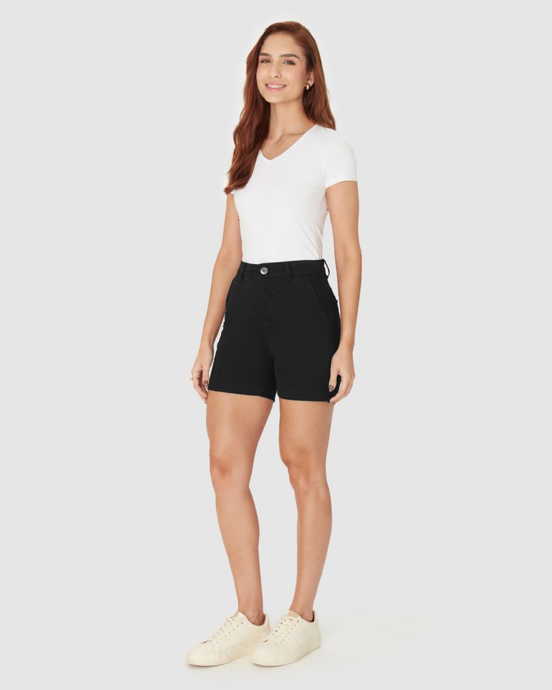 Shorts Feminino Alfaiataria Cintura Alta Em Sarja Com Elastano