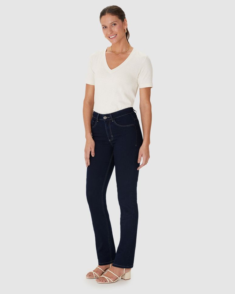 Calça Reta Feminina Cintura Média Bolso Funcional Em Flex Jeans