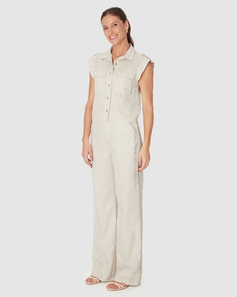 Camisa Cropped Feminina Bolso Frontal Em Sarja Linho