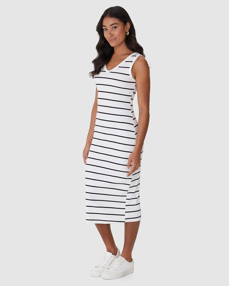 Vestido Midi Feminino Decote V Listrado Em Ribana