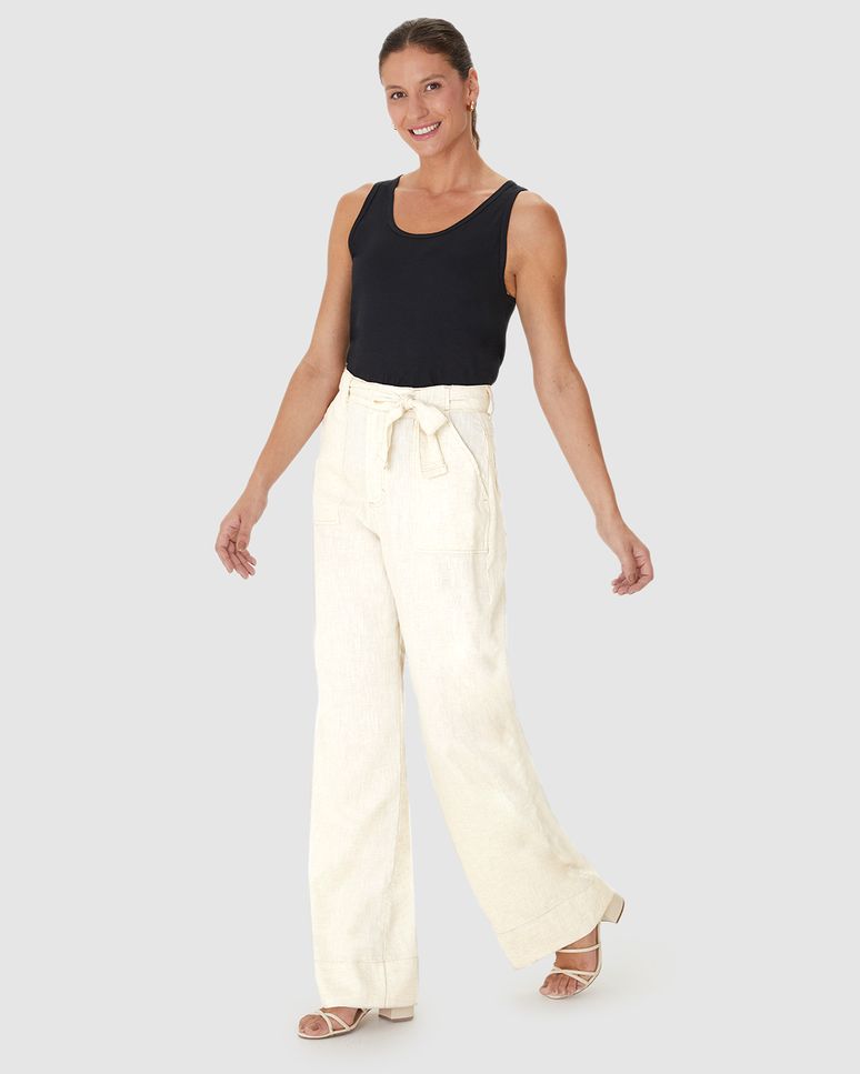 Calça Alfaiataria Feminina Com Cinto Em Sarja Linho