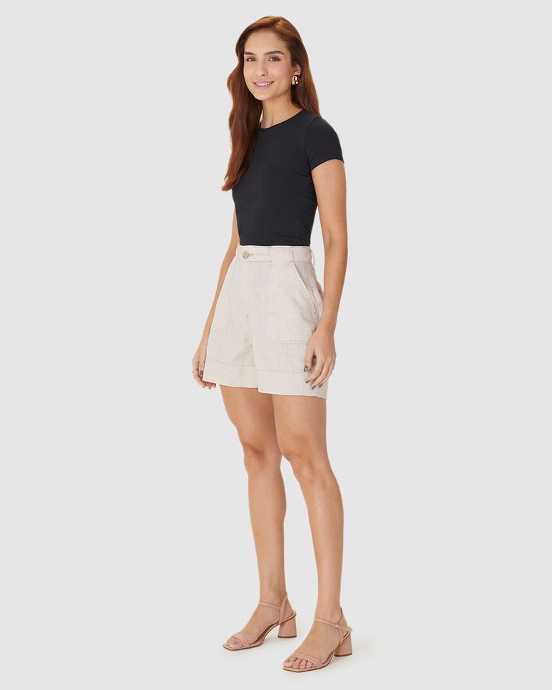 Shorts Alfaiataria Feminino Cintura Alta Em Sarja Linho