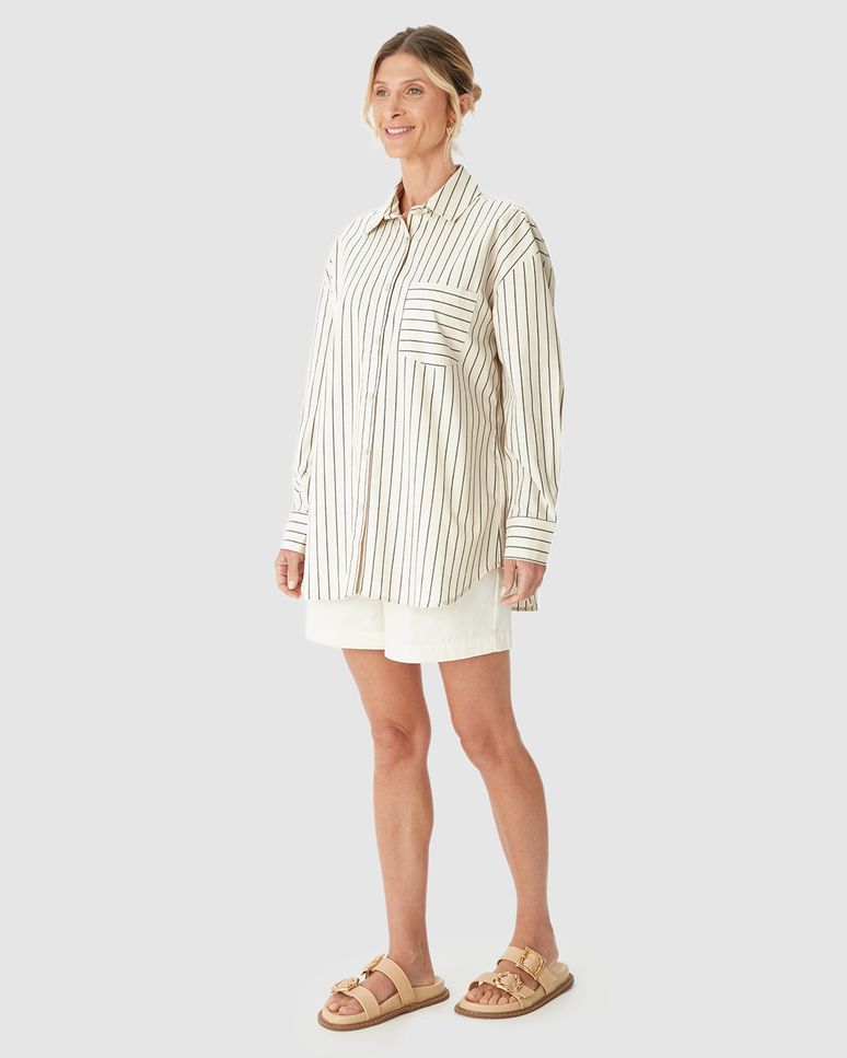 Camisa Ampla Feminina Listrada Bolso Frontal Em Algodão