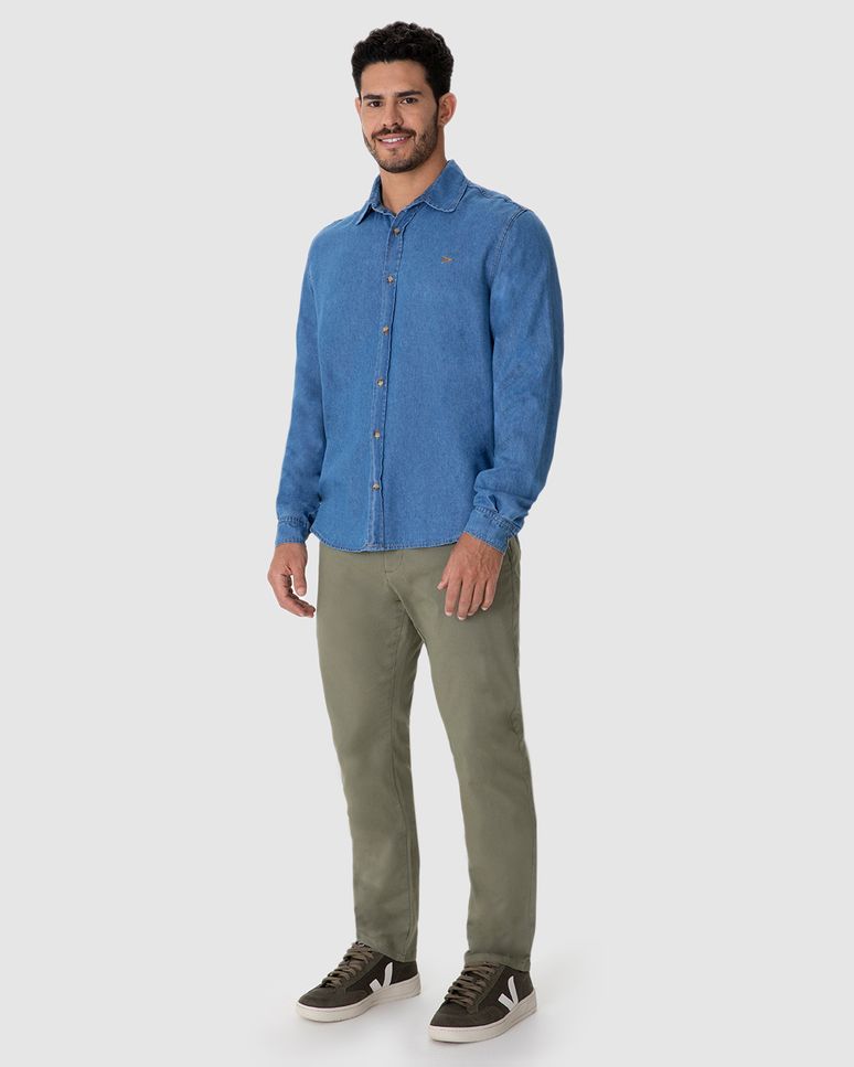 Camisa Masculina Tradicional Manga Longa Em Jeans Leve Soft