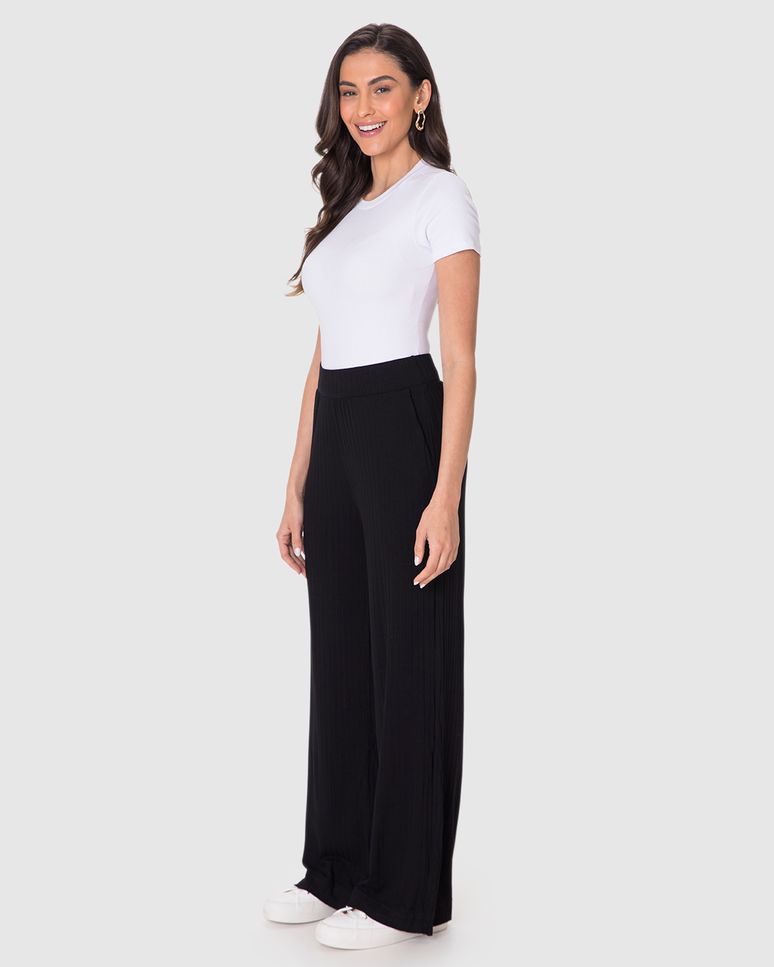 Calça Wide Leg Feminina Cintura Alta Em Malha Canelada De Viscose