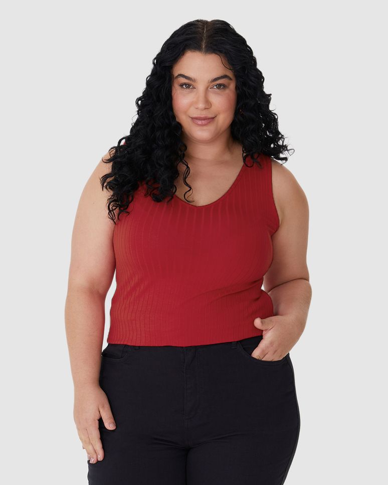 Regata Básica Feminina Plus Size Decote V Em Canelado De Viscose