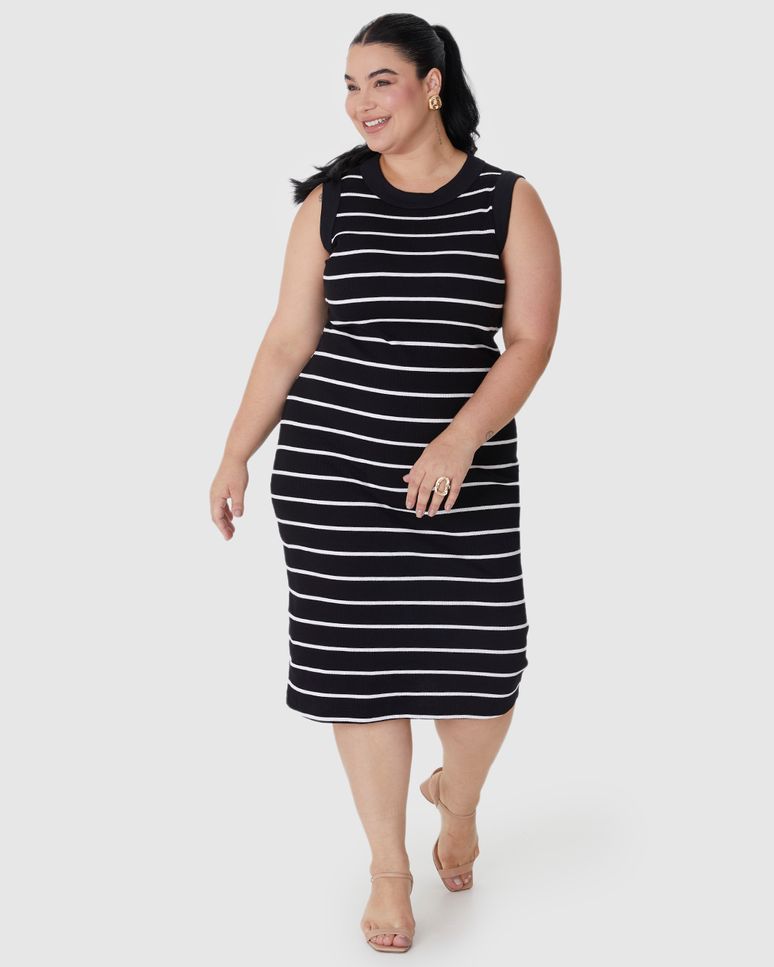 Vestido Midi Feminino Plus Size Justo Em Ribana Listrada