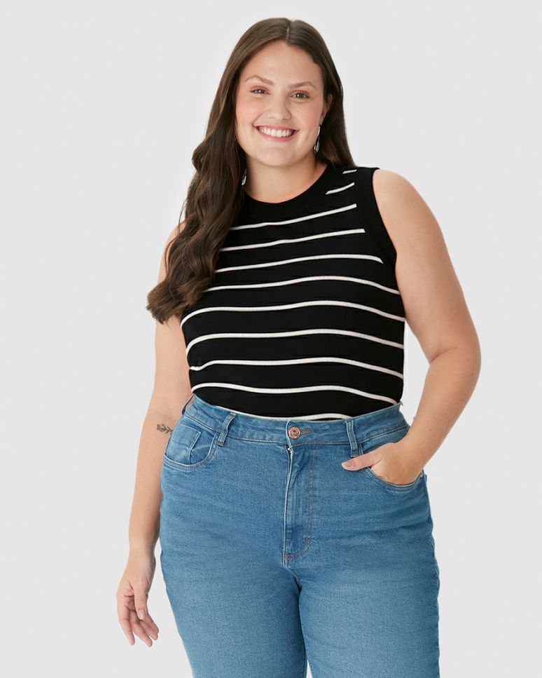 Regata Feminina Plus Size Justa Costura Contraste Em Ribana Listrada