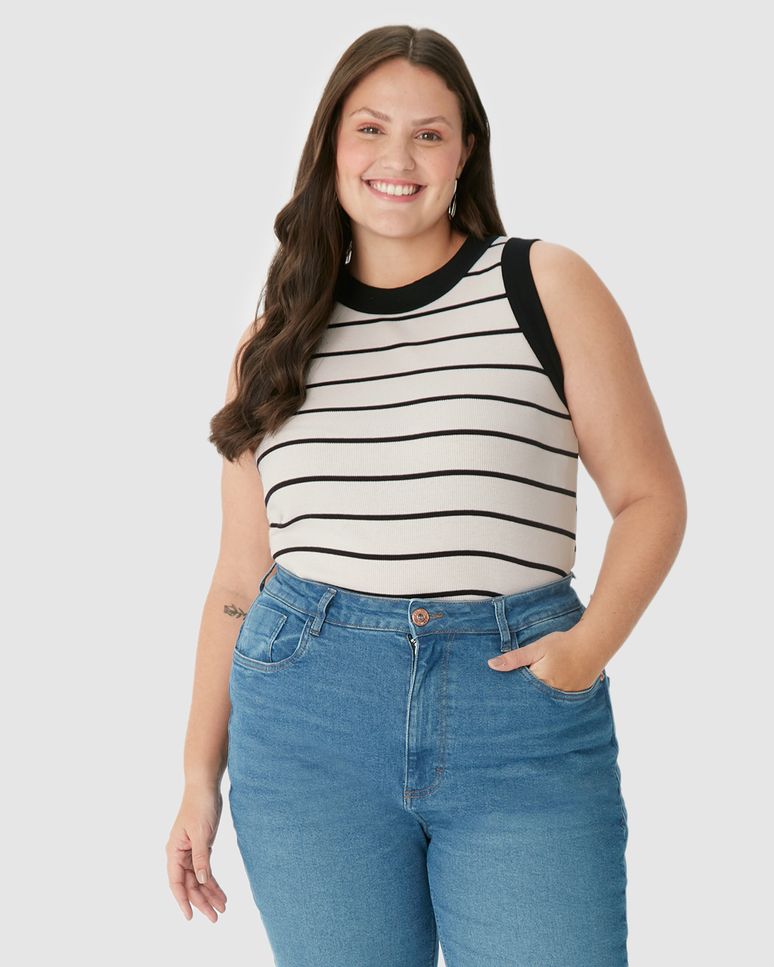 Regata Feminina Plus Size Justa Costura Contraste Em Ribana Listrada