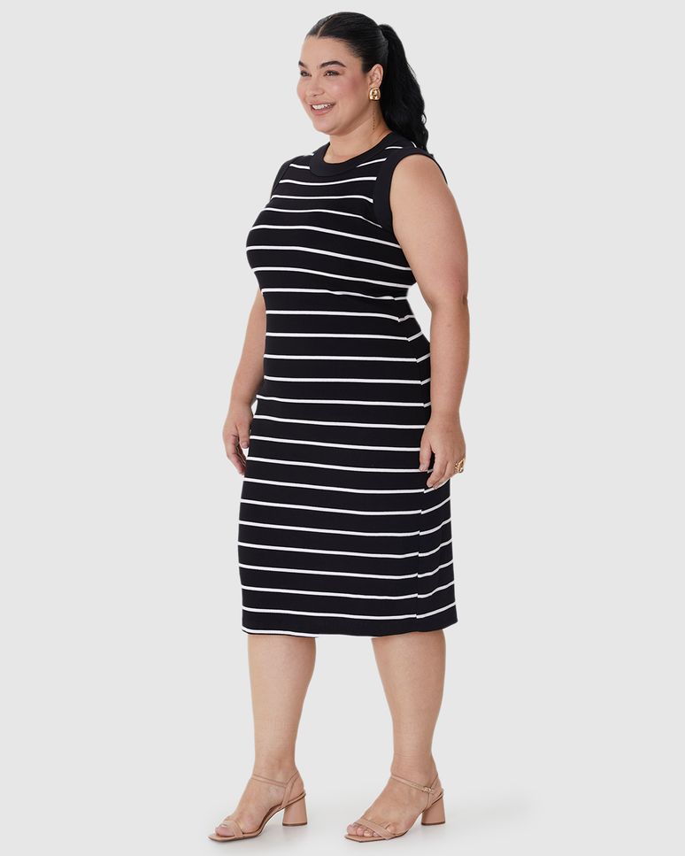 Vestido Midi Feminino Plus Size Justo Em Ribana Listrada