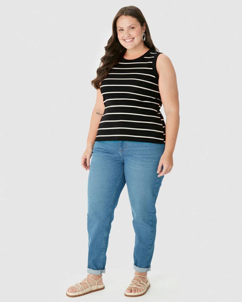 Regata Feminina Plus Size Justa Costura Contraste Em Ribana Listrada