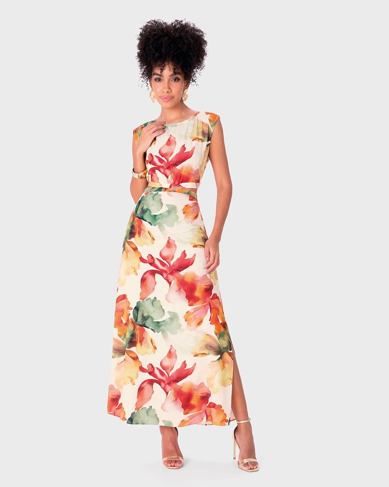 Vestido Midi Feminino Reto Floral Detalhe Vazado E Fenda Em Viscose - ENFIM