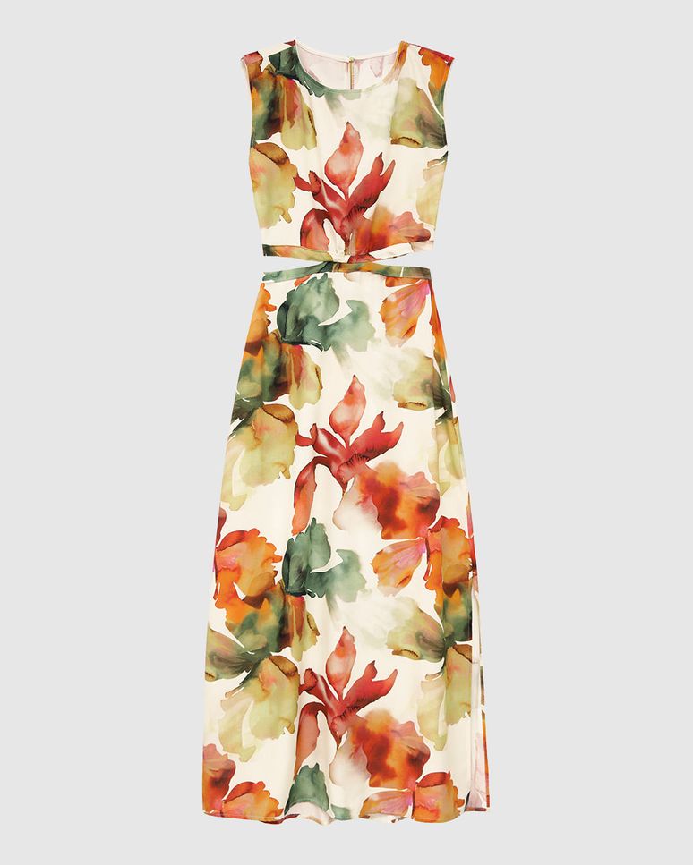 Vestido Midi Feminino Reto Floral Detalhe Vazado E Fenda Em Viscose - ENFIM