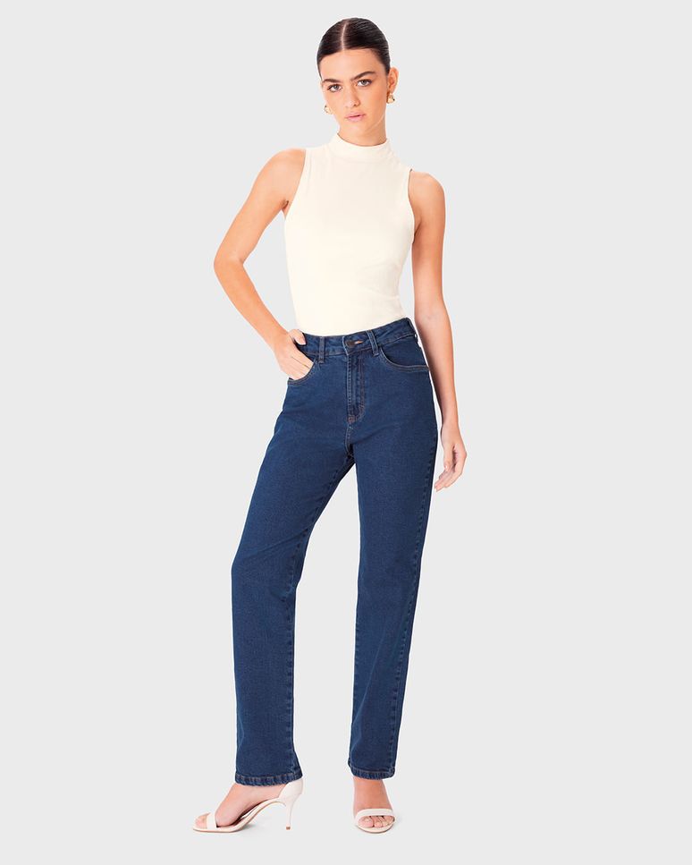 Calça Feminina Reta Cintura Alta Bolso Funcional Em Jeans Stretch - ENFIM