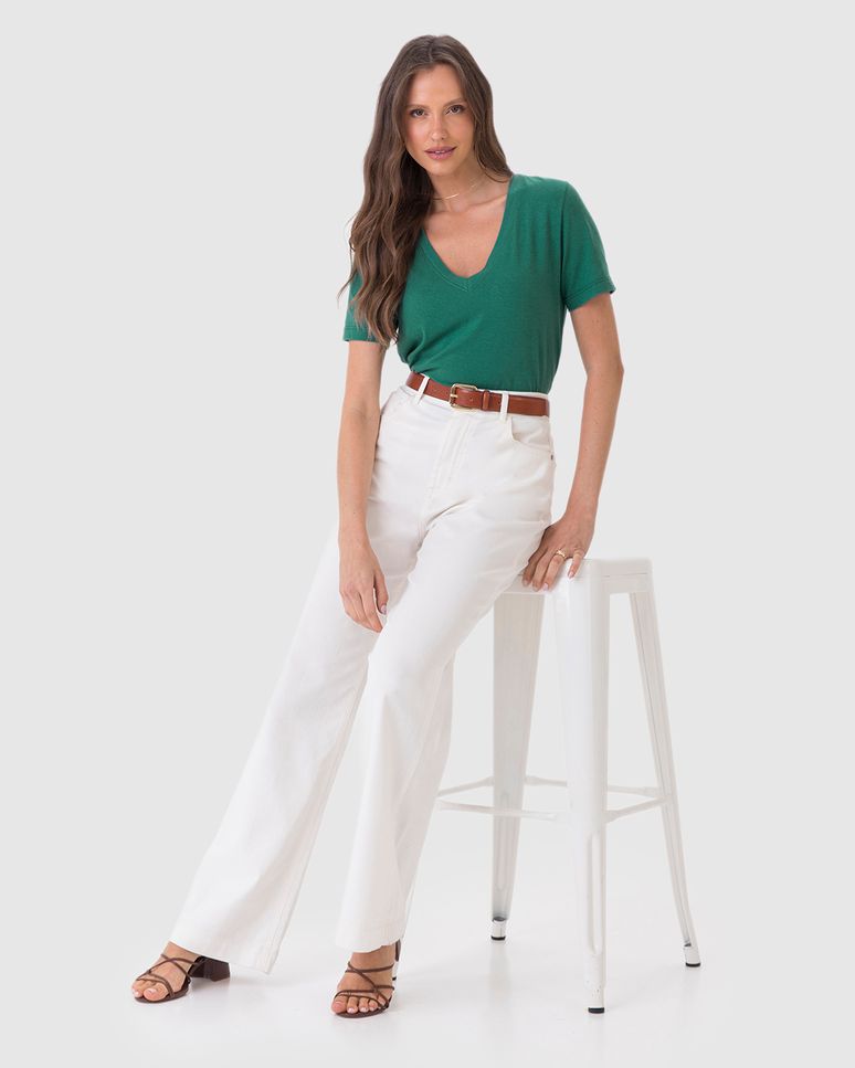 Blusa Básica Feminina Decote V Manga Curta Em Malha Linho