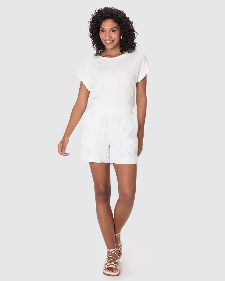 Shorts Alfaiataria Feminino Detalhe Bordado Em Laise Algodão