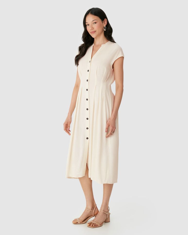 Vestido Midi Feminino Chemise Abotoamento Frontal Em Viscolinho