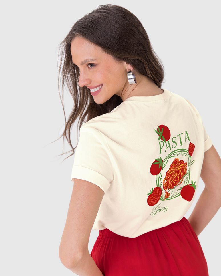 Camiseta Ampla Feminina Estampa Costas Pasta Fresh & Juice Em Algodão