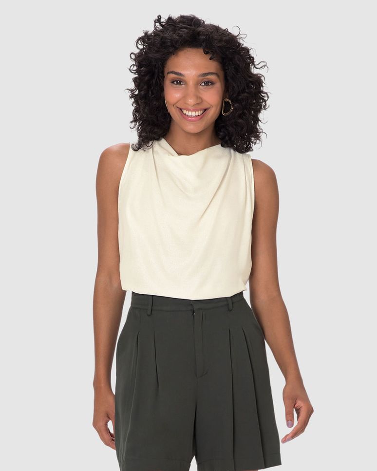 Blusa Feminina Evasê Decote Drapeado Fenda Lateral Em Viscose Lurex