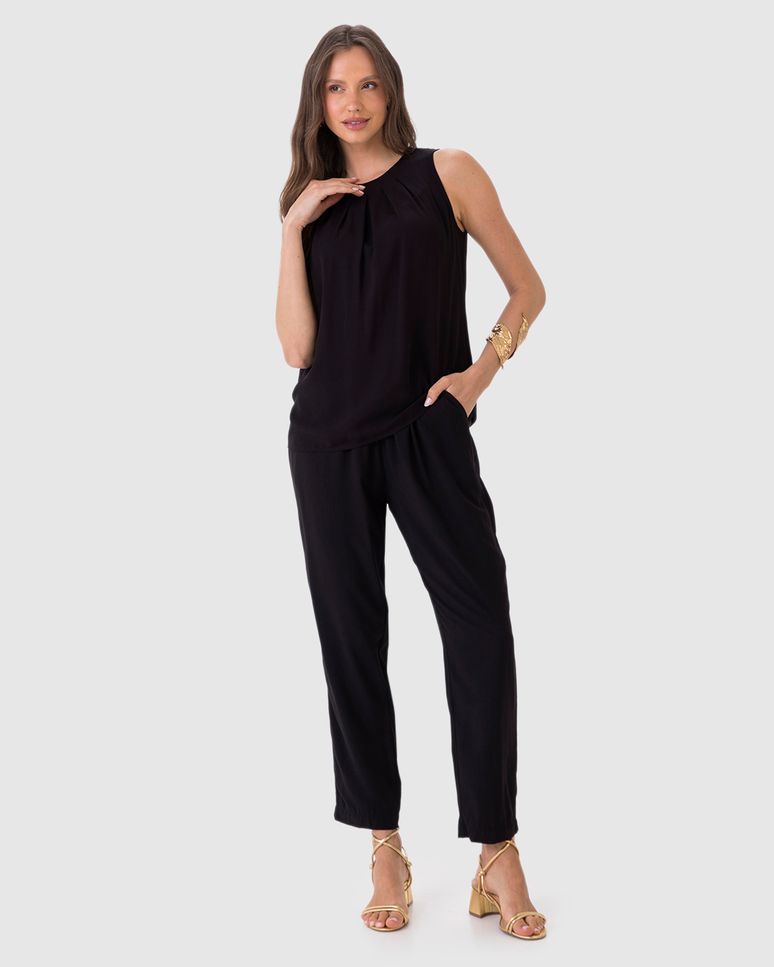 Calça Reta Feminina Cós Elástico Bolso Faca Em Viscose