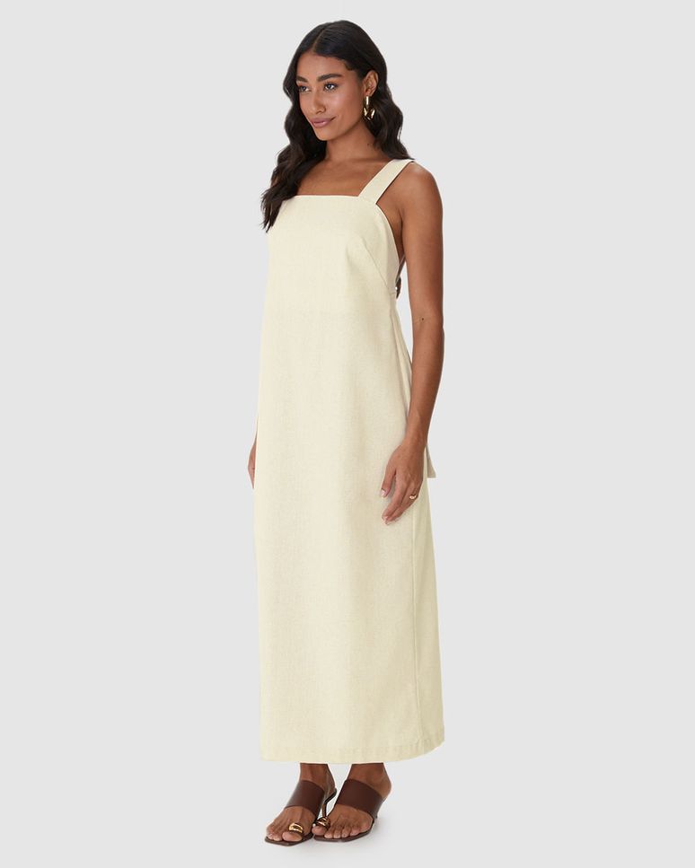 Vestido Midi Feminino Alça Com Aviamento Fenda Costas Em Viscolinho