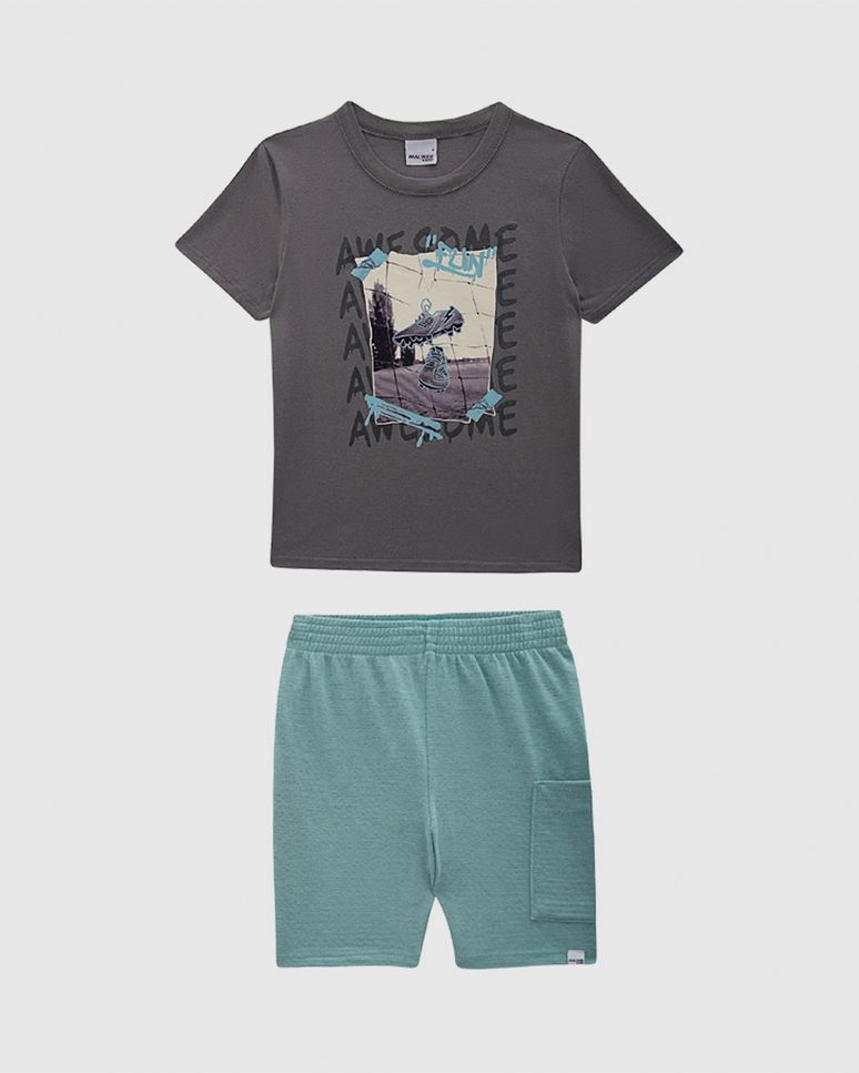 Conjunto Infantil Menino Camiseta Awesome Fun Em Algodão Malwee Kids