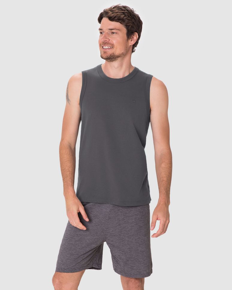 Pijama Curto Masculino Regata Decote Redondo E Shorts Em Malha Fio A Fio