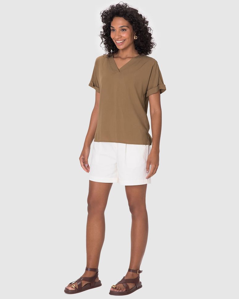 Blusa Feminina Decote V Manga Curta Dobrada Em Viscose