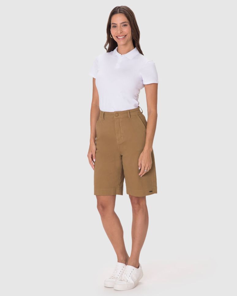 Bermuda Feminina Jorts Cintura Alta Bolso Funcional Em Sarja Com Elastano