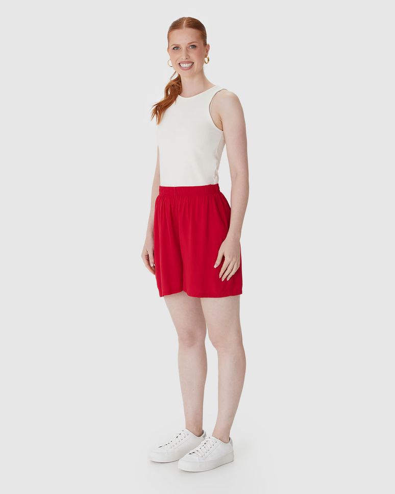 Shorts Alfaiataria Feminino Cós Elástico Bolso Faca Em Viscose