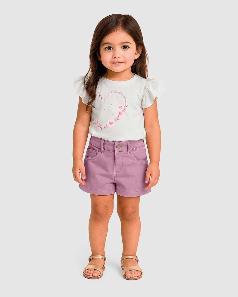 Conjunto Menina Blusa Estampa Pérola E Shorts Sarja Stretch - Carinhoso