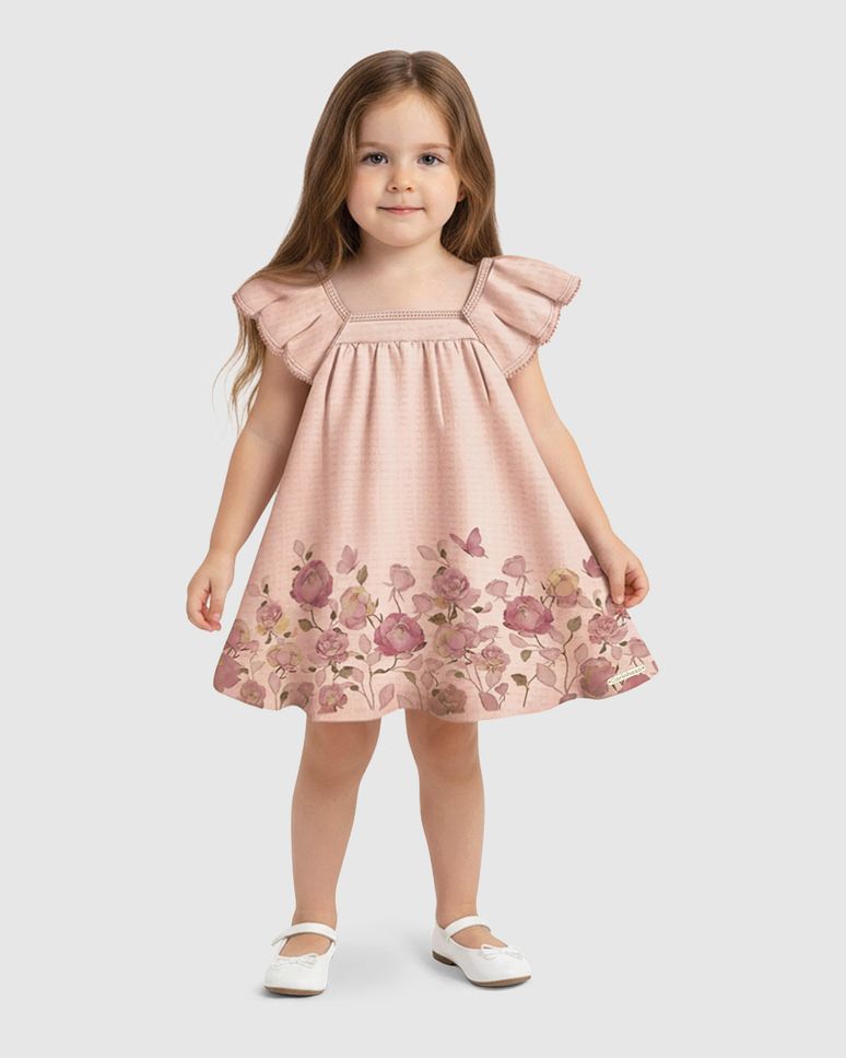 Vestido Menina Decote Quadrado Estampa Floral Malha Texturizada - Carinhoso
